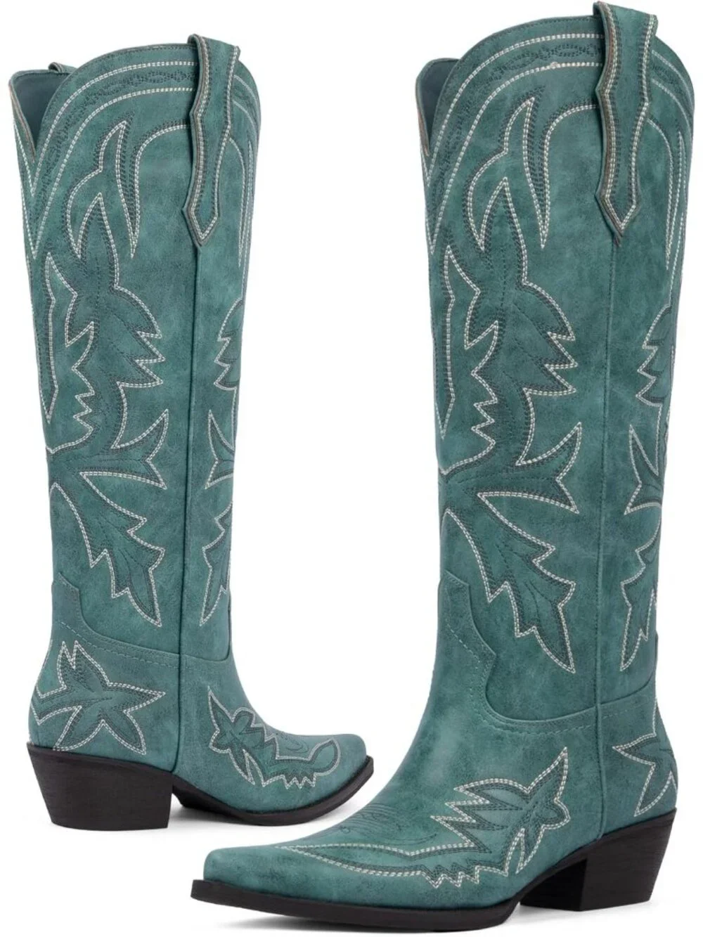Women's Teal Knee High Boots Embroidered Pull on Pointed Toe Chunky Heel